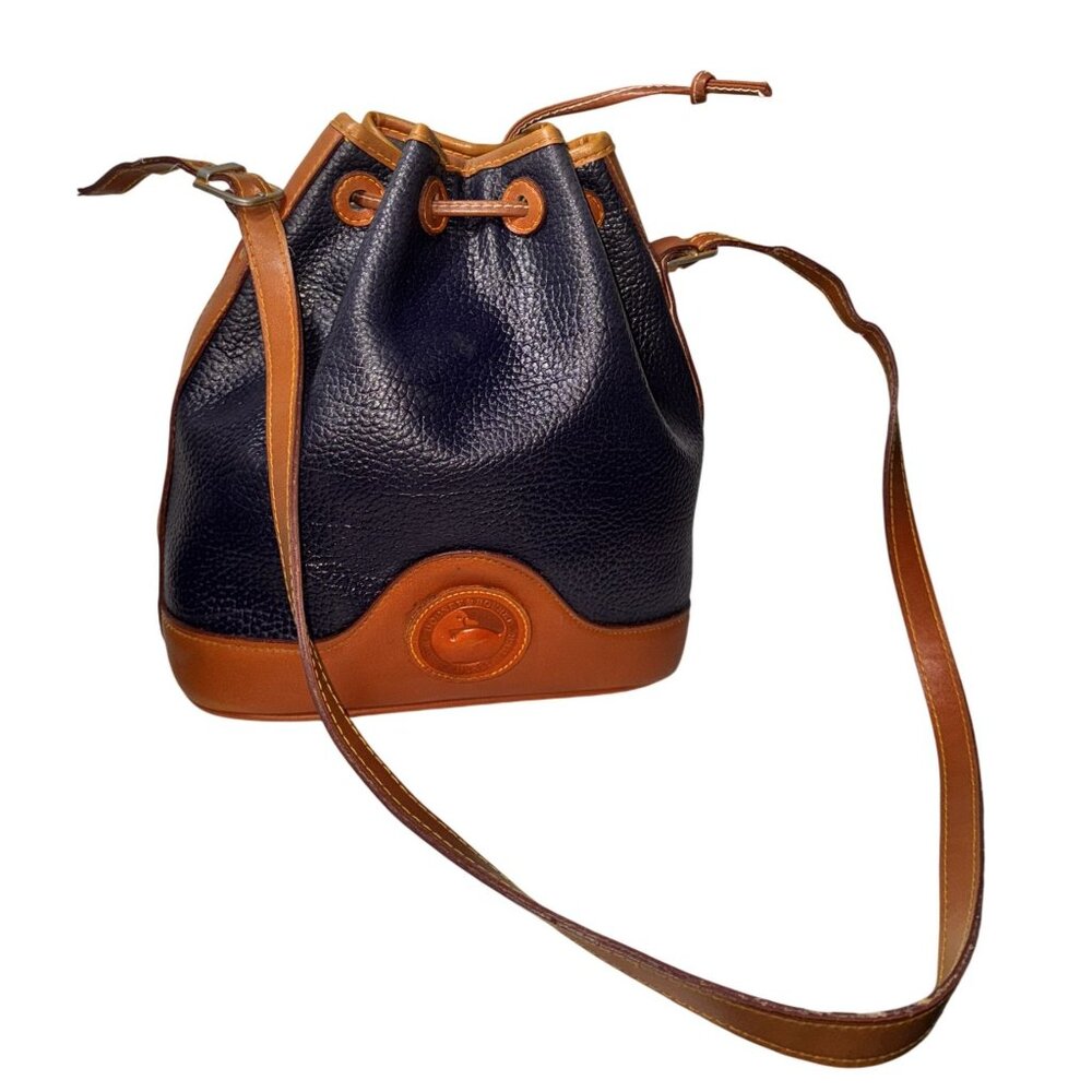 Dooney Bourke Drawstring Bucket Bag Pebbled Leather Navy blue Brown Medium - Picture 3 of 9